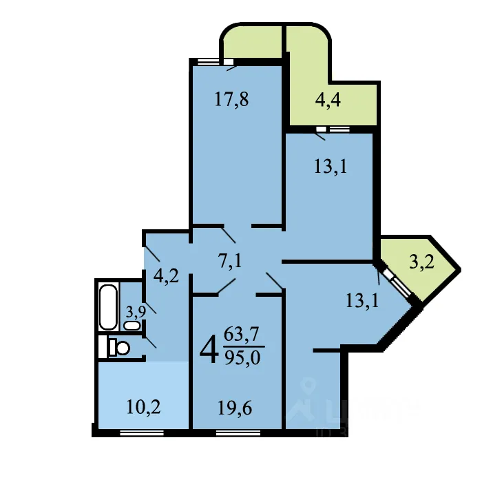 4-комн. квартира, 96 м², 2/9 этаж