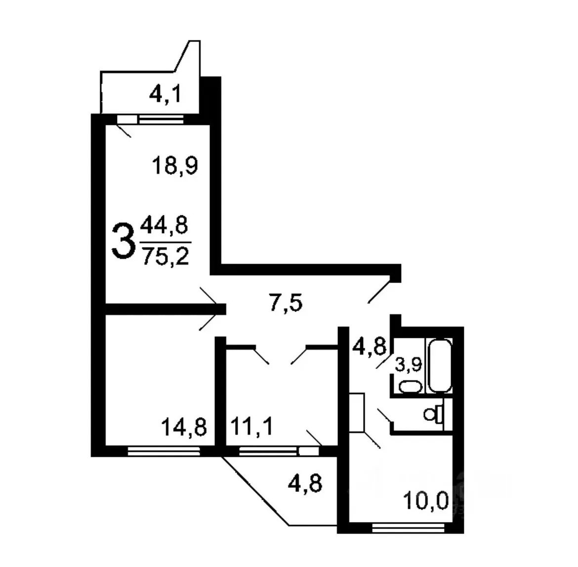 3-комн. квартира, 75 м², 3/14 этаж