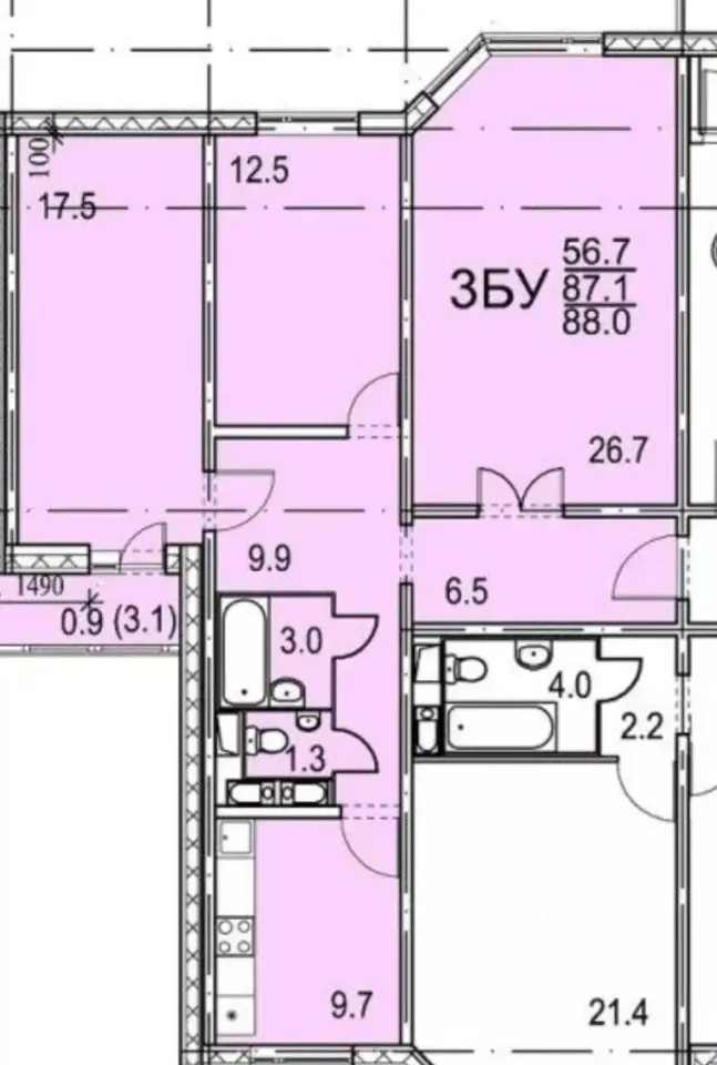 3-комн. квартира, 88 м², 12/19 этаж